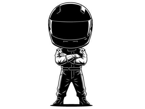 Stylized chibi race car driver character in a helmet and suit with folded arms, isolated graphic eps vector
