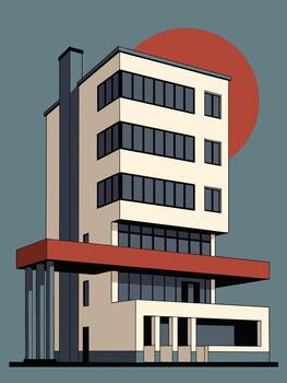 un arquitectónico ilustración de un moderno edificio con un grande rojo circulo en el antecedentes vector