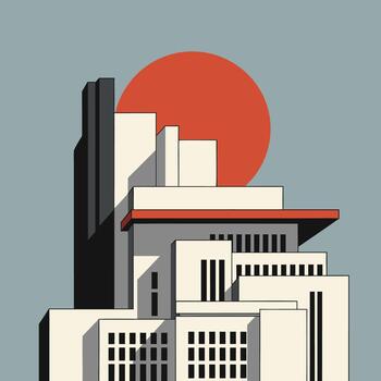 Retro futuristic cityscape concept with an abstract block building and red sun, a minimalist eps graphic vector