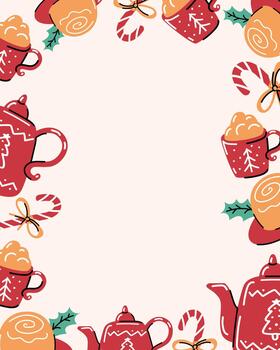 winter frame with red teapots, candy canes, and gingerbread on light background. Festive border with space for text for greeting cards or holiday invitations. vector