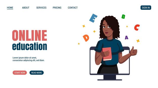 African woman with book Shows thumbs up from computer monitor Surrounded with letters. Online Education, knowledge, student concept Website, web page design. vector