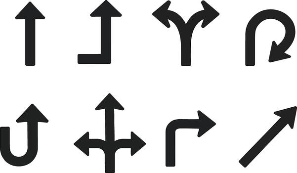 Set of black arrows pointing in different directions on a white symbolizing choice vector