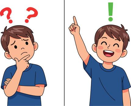 Puzzled boy thinking then finding a solution with an exclamation point showing problem-solving vector