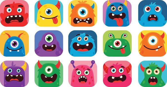 Collection of colorful cartoon monsters expressing different emotions in a playful fun style vector