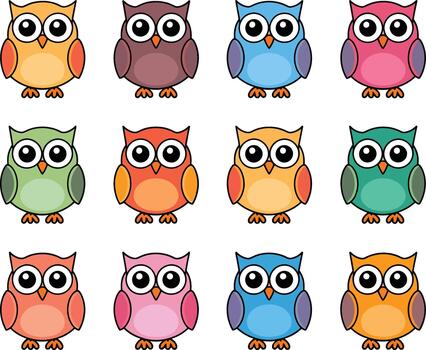 Colorful cartoon owls standing in a row creating a playful and cheerful atmosphere vector
