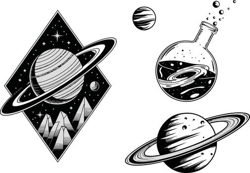 Saturn and planets floating in space contained in a flask in a cosmic monochrome style vector