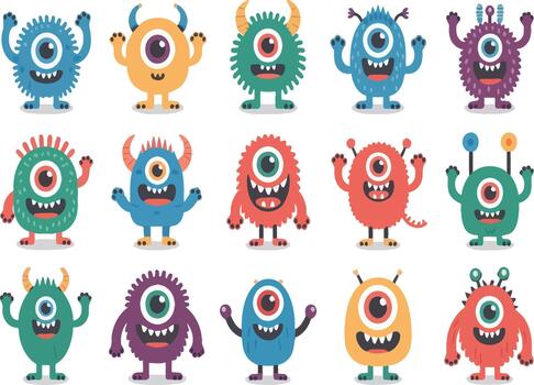 Cartoon monsters waving their hands on a white creating a playful and friendly atmosphere vector
