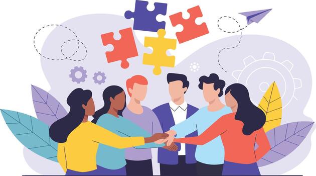 Diverse team joining hands in a collaborative workspace symbolizing unity and problem-solving vector