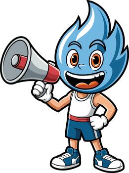 Cartoon flame character shouting into a megaphone promoting a message with energy and enthusiasm vector