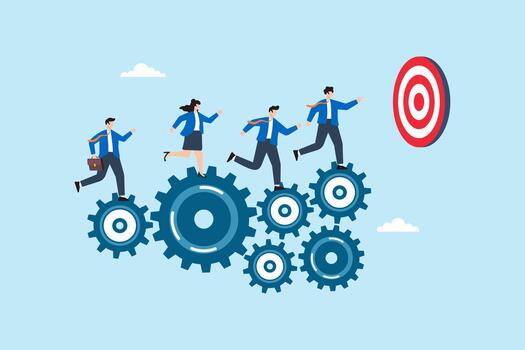 plano ilustración de negocio equipo corriendo en engranaje mecanismo hacia objetivo simbolizando trabajo en equipo colaboración y objetivo logro vector