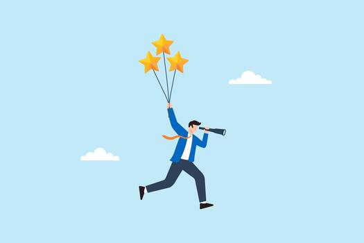 Flat illustration of businessman floating with star balloon while using telescope symbolizing ambition vision and opportunity exploration vector