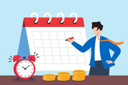 Flat illustration of businessman marking date on desk calendar with ringing alarm clock and gold coins on table symbolizing deadline reminder time management and financial planning vector