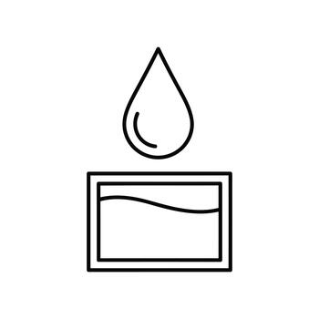 Simple black and white line art icon depicting a drop falling into a container of liquid vector