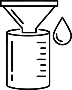 Line icon showing a funnel pouring liquid into a measuring cylinder with a drop vector