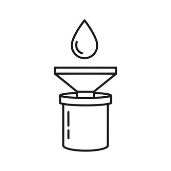 Line icon representing liquid filtration process with a drop entering a funnel into a container vector