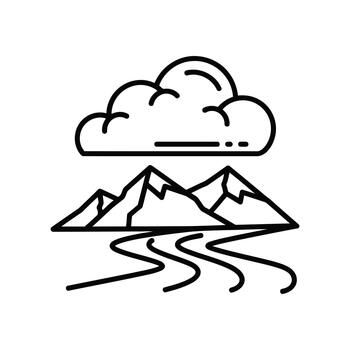 Outline icon representing rain falling from a cloud onto mountains and a winding river vector