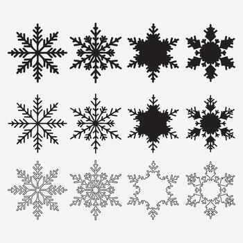 Varied collection of snowflake outlines and solid black shapes. vector