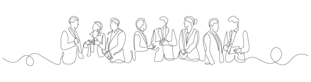 Business Team Discussion Before a Meeting. Continuous Line Illustration of Professional Networking, Corporate Communication, and Collaboration vector