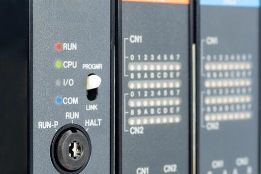 Closeup view of PLC status panel showing operational indicators and connection points photo