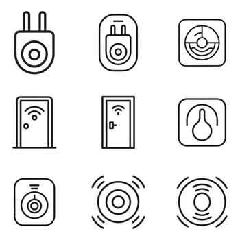 Comprehensive smart home outline icon set featuring various devices and systems silhouette vector