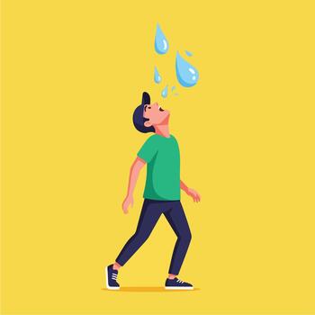 un hombre es en pie en frente de un amarillo antecedentes con un soltar de agua viniendo fuera de su vector