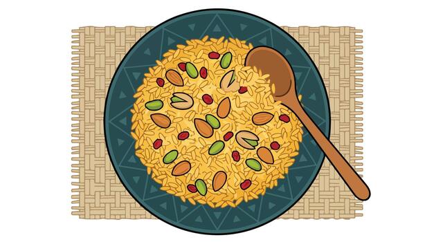 A plate of rice with nuts and nuts on it vector