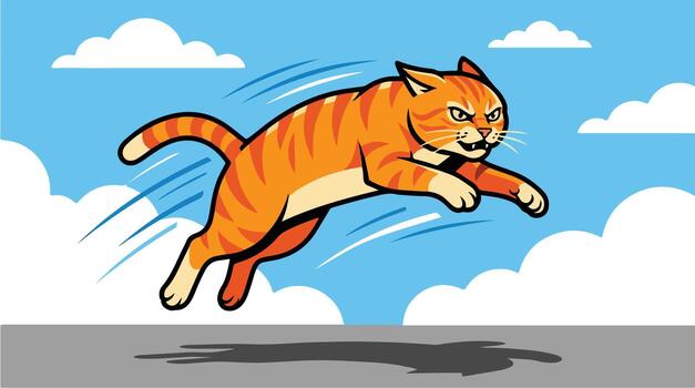 A cartoon cat running in the air with clouds in the background vector