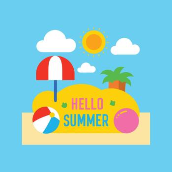 Hello Summer Beach Background with Flat Design Icons and Typography vector