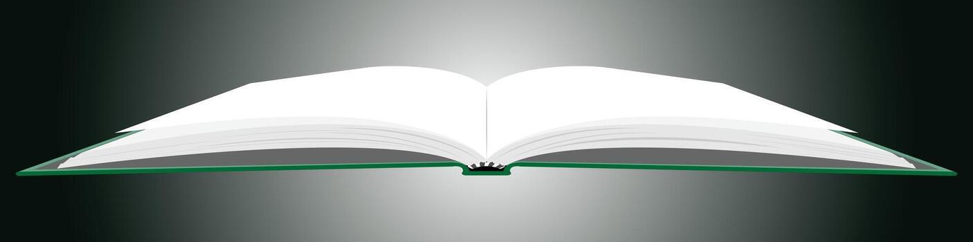 Open book illustration with blank white pages and a green cover, viewed from a low perspective. Clean, modern design with soft lighting and gradient background. Education and learning concept art vector