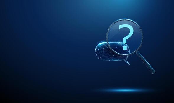 charla burbuja debajo un aumentador vaso con pregunta marca adentro. usuario pregunta análisis, consulta comprensión, chatbot respuesta, diálogo comunicación concepto. vector