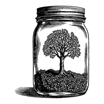 A Tree Inside a Jar Black and White Outline Line Art Drawing Etching Isolated Retro Art vector