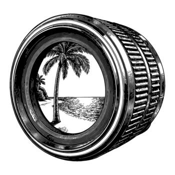 Camera Lens with Beach and Palm Tree Panorama Reflection Black and White Outline Line Art Drawing vector