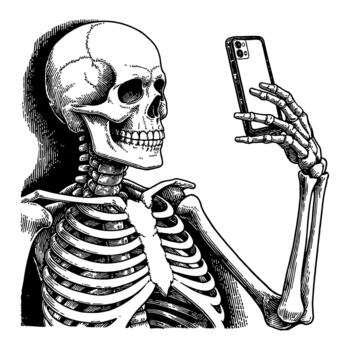 Skeleton Taking Selfie Using Smartphone in Black and White Outline Line Art Drawing vector