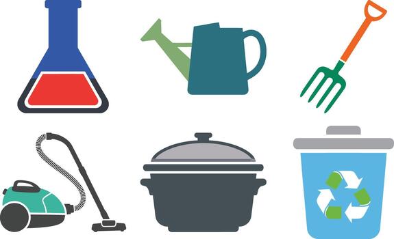 Collection of five diverse everyday objects rendered in a flat icon style vector