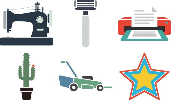 Collection of six distinct flat design icons representing fire shield coffee wallet button and binoculars vector