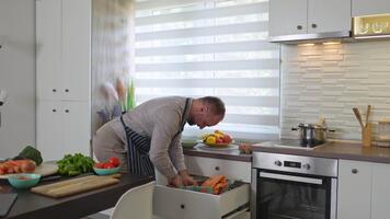 uomo nel un grembiule ottenere un' cucinando asciugamano a partire dal un' cassetto video