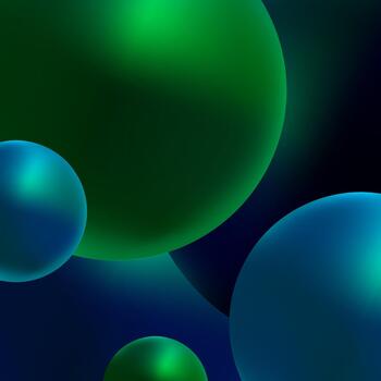 Modern abstract background in blue and green colours. Realistic 3D spheres. Shiny bubbles backdrop. Square graphic template. vector