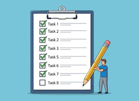 Person with huge pencil completing checklist for task management vector