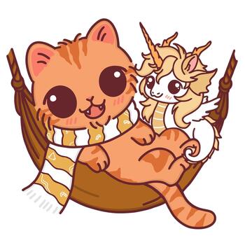 Cartoon cat wearing a scarf relaxing in a hammock with a horned winged unicorn vector