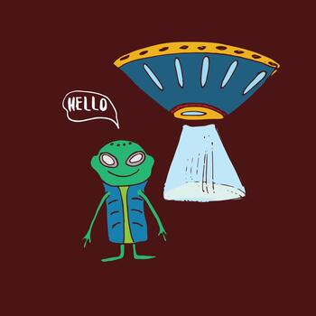 Alien next to spaceship with 'Hello' text vector