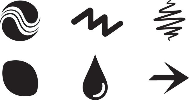A set of black and white symbols that include a wave, arrow, and a drop vector