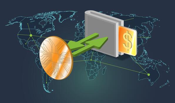 Digital wallet transfers coins on a world map with symbols of currency in a modern setting vector