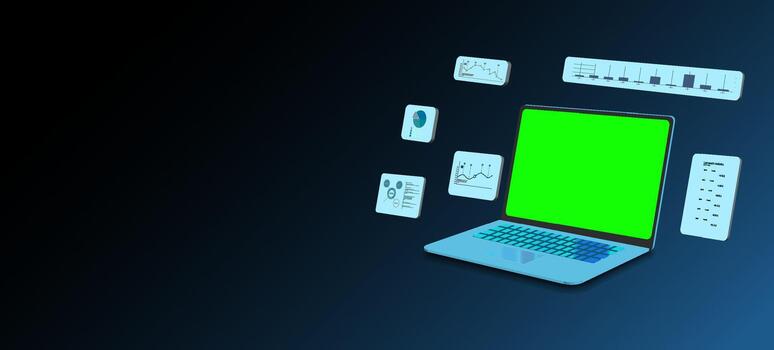 Digital workspace with laptop displaying green screen and data charts for analysis and visualization at a modern office setting vector