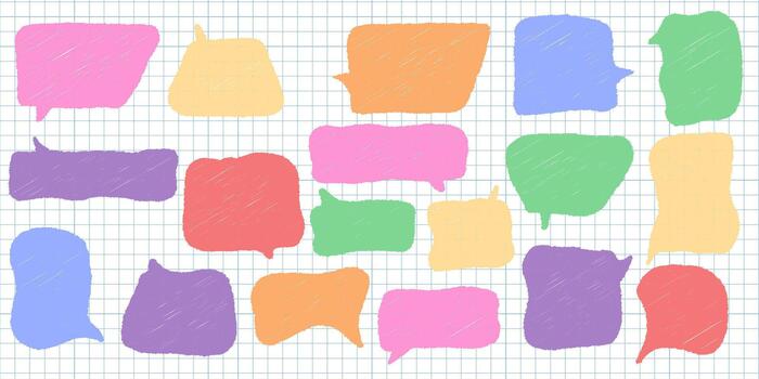 Sketch style chalk pencil doodle speech bubbles on squared paper, hand drawn comic talk frames with grunge texture illustration for fun and creative design projects vector
