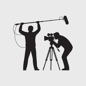 two men are standing in front of a camera and a tripod vector