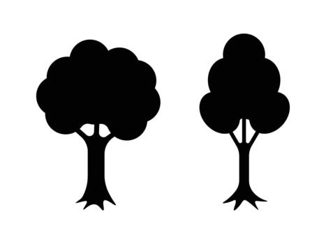 Tree silhouettes collection, black foliage shapes, diverse tree forms, nature icons, forest elements, design. vector