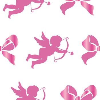 seamless pattern with voluminous bows with a red gradient and cupids on a white background, for invitations, flyers or decorative frame vector