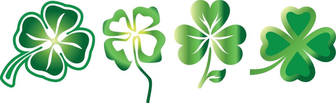 set of green four-leaf clover icons with different image styles and an interesting gradient, for holiday designs, invitations or gift cards vector