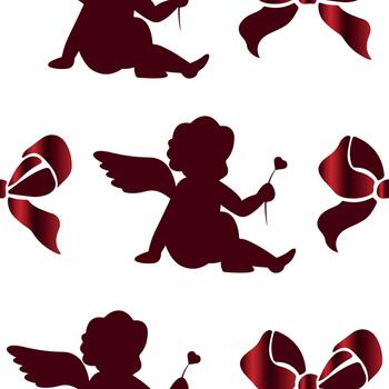 seamless pattern with voluminous bows with a red gradient and cupids on a white background, for invitations, flyers or decorative frames vector