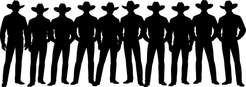 Silhouette of Multiple Cowboy Figures Wearing Hats Standing in a Row vector